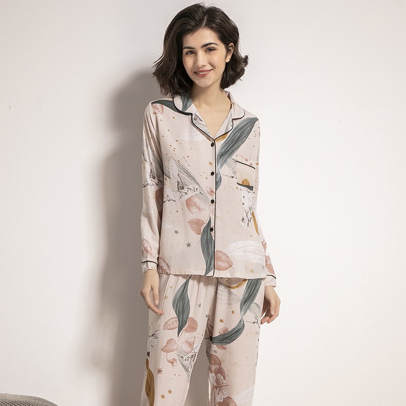 Starry Sky and Floral Printed Women Pajamas Set Comfort Cotton Silk Full Sleeve Homewear Tender Ladies Spring Casual Wear