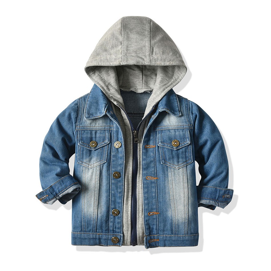 Kids Boys Girls Denim Hooded Jackets Casual Fake Two Jacket Coat Children Cowboy Zipper Outerwear JYF