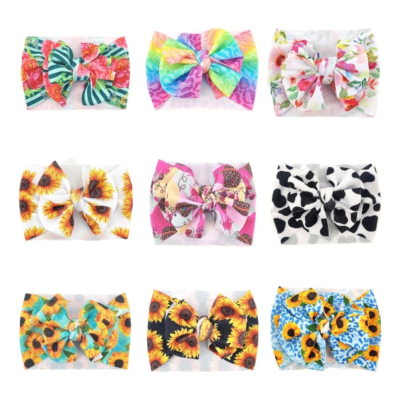 Newborn Baby Girl Big Bowknot Headband Rainbow Sunflower Print Infant Wide Hairband Toddler Turban Knotted Elastic Headwrap