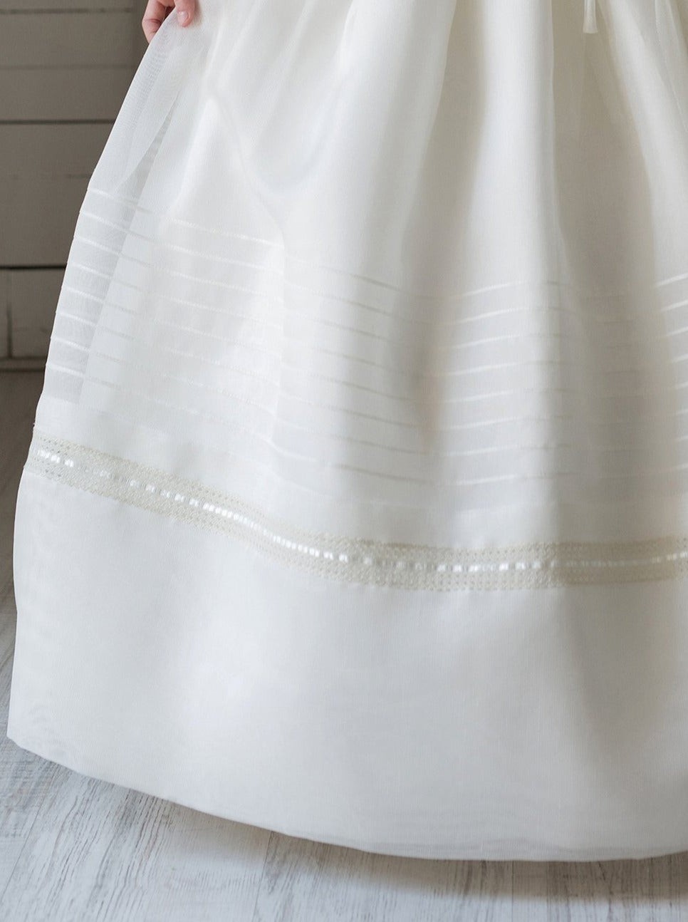 New Ivory First Communion Half Sleeve Satin Beige Stripes Princess Communion Dress With Bow