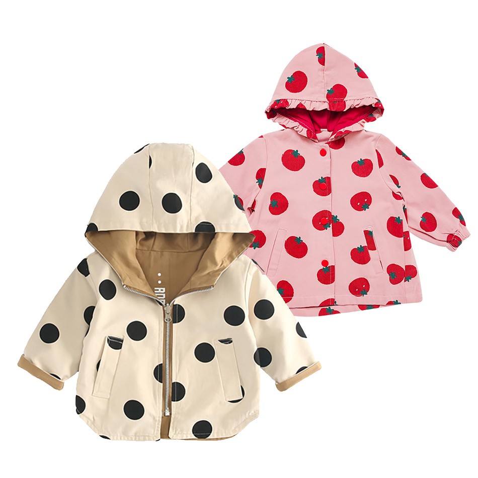 Spring Windbreaker Baby Girl Strawberry Dot Hooded Trench Coat Children Clothes Kids Jacket For Girls Outerwear JYF