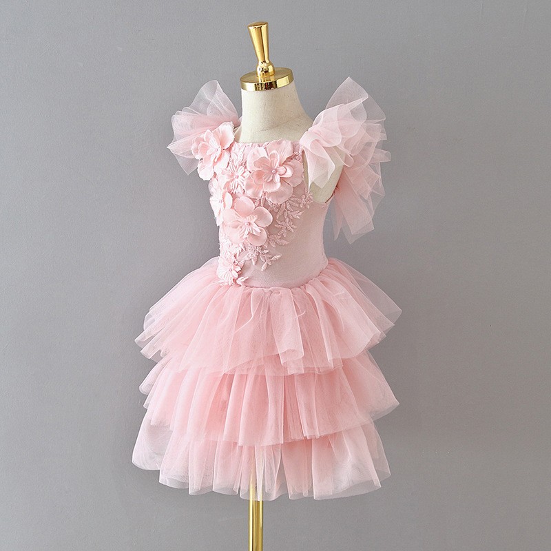 2022 Summer Mesh Cake Dress Party Dress Kids Clothes Clothes For Girls Pink Princess Dress