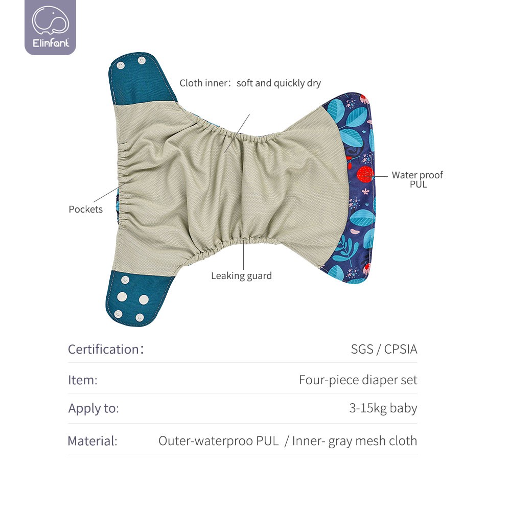 New Elinfant 4pcs/set Washable Reusable Gray Mesh Cloth Adjustable Diaper Nappy Cover Cloth Pocket Diaper Fit 3kg~15kg Baby