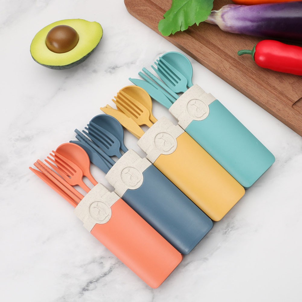 Portable Reusable Spoon Fork Chopsticks Knife Wheat Straw Tableware Cutlery Set Travel Camping Dinnerware Kids Cutlery Sets