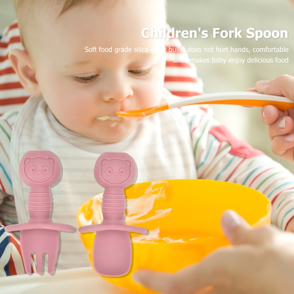 Soft Silicone Baby Tableware Self Feeding Spoon Fork Kids Baby Easy Grip Children's Cutlery Sets Short Handle Utensils Non-slip