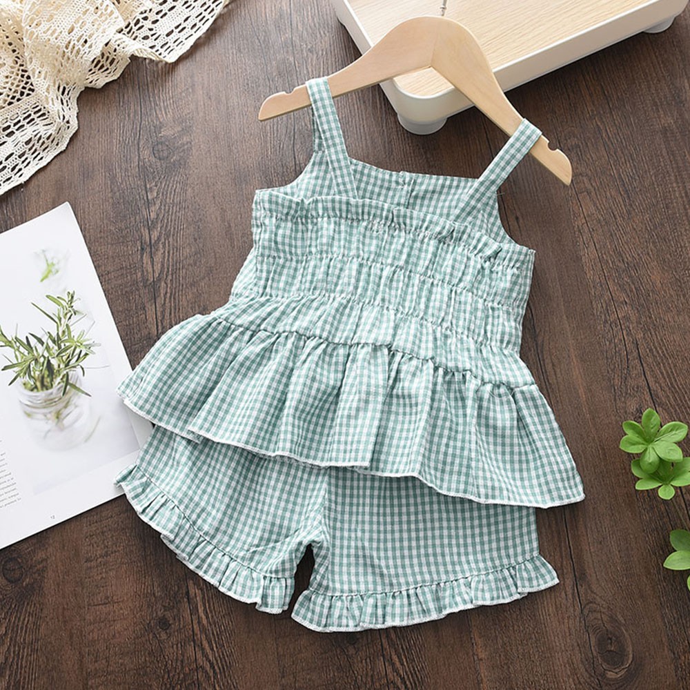 Menoea 2-Pieces Fashion Children's Clothing Sets New Summer Baby Girls Plaid Suspenders Vest Shorts Suits Kids Outfits