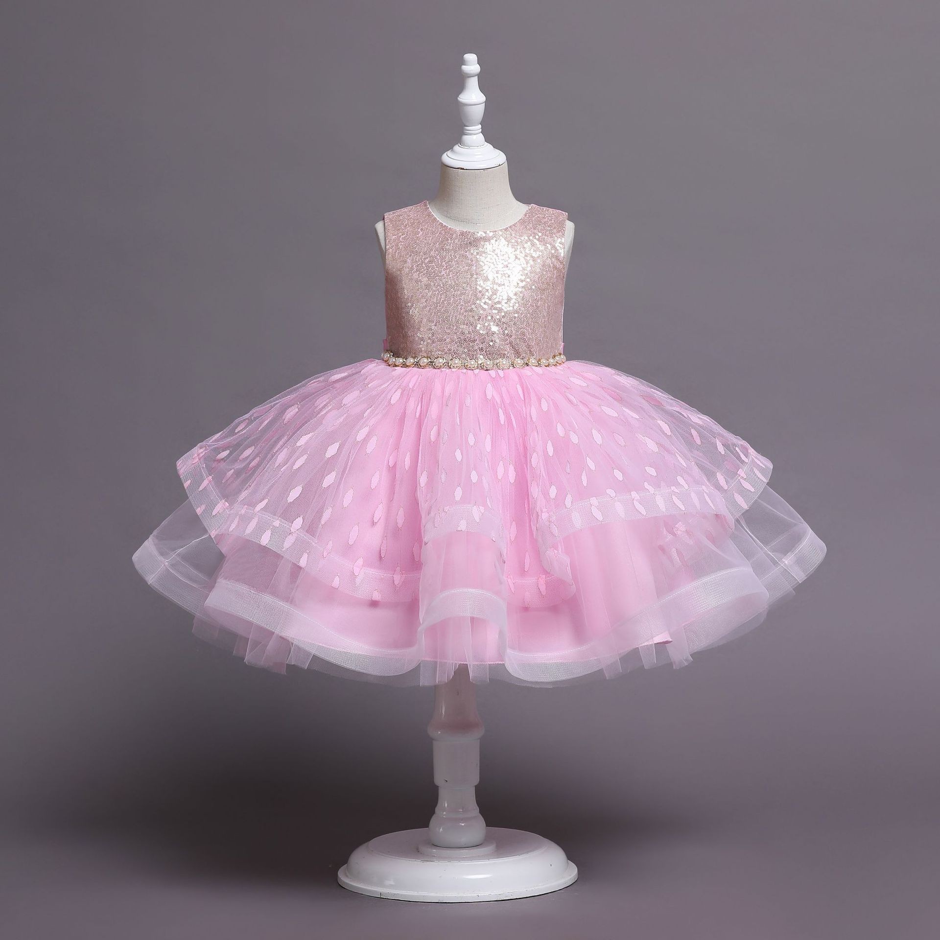 New Summer Baby Girls Pearl Sequins Party Dress Princess Dress Layered Tulle Polka Dots Print Kids Clothes 7 8 10 Years