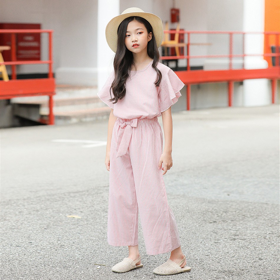 Korean Big Girls Summer Clothing Set 2021 New Kids Striped Ruffle Sleeve Wide Leg Pants Fashion Two Pieces Teenage Clothes JYF