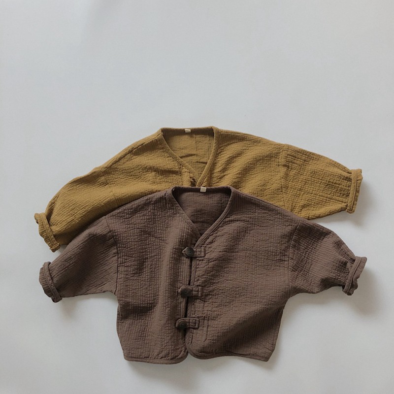 YG Spring and summer new children's cotton and linen jacket boys retro loose button jacket girls coat plain children's wear