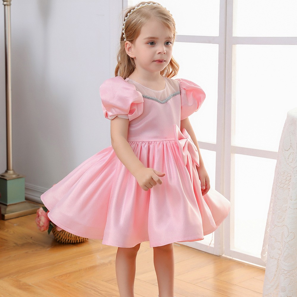 Pink Puff Sleeve Baby Girl Dress Bowknot White Party Dresses for Girls Wedding Birthday Festive Kids Things Children 1-12Y