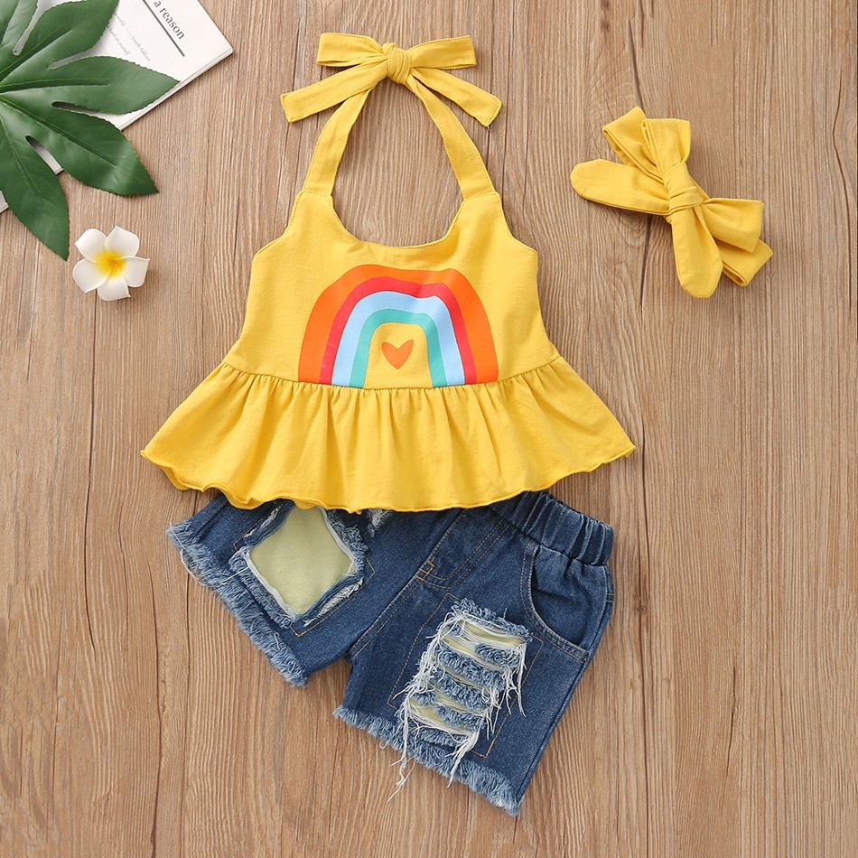 Baby Girl Fashion Clothes Set Rainbow Print Sleeveless Ruffle Blouse Jeans Hole Shorts With Headband Set JYF