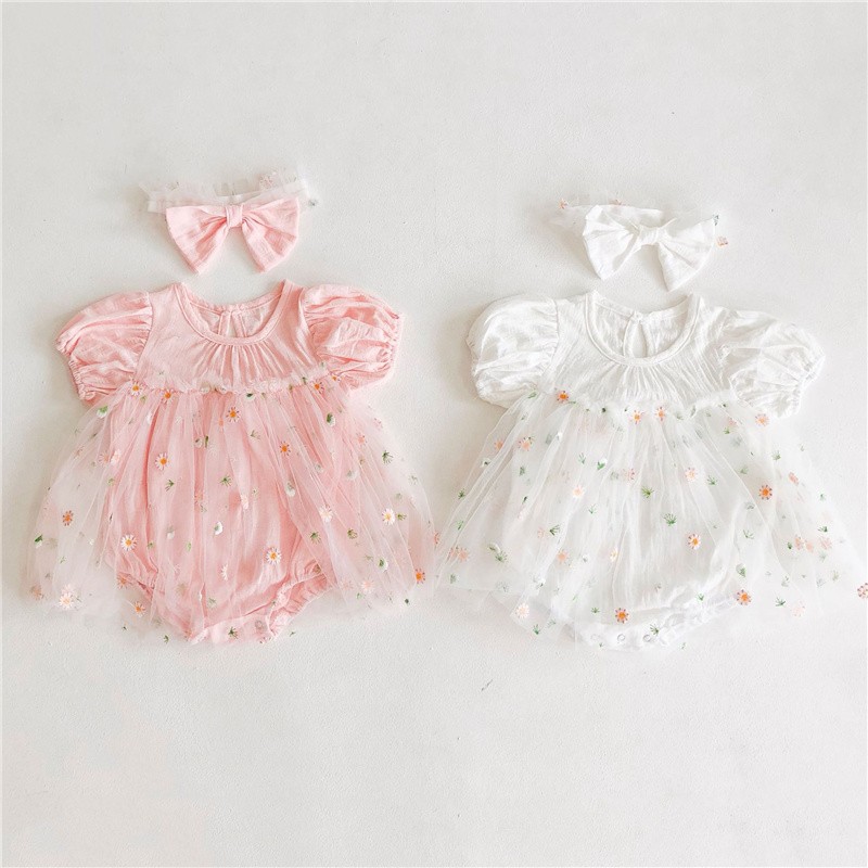 Newborn baby girl clothes summer infant princess floral tulle dress with jumpsuit bow headband baby girl clothes