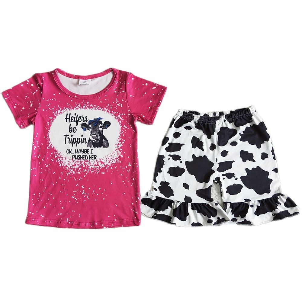 Baby Girl Set Cow Head Letter Pattern Short Sleeve Top Cow Pattern Ruffle Shorts Girl 2 Pieces Boutique Clothes