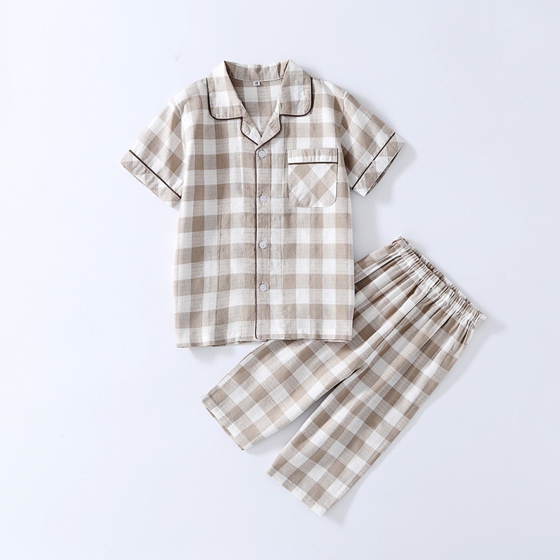 Pink White Girls Plaid Pajamas Set Summer Short Sleeve Top + Pants Baby Sleepwear Pajamas Toddler Sleepwear