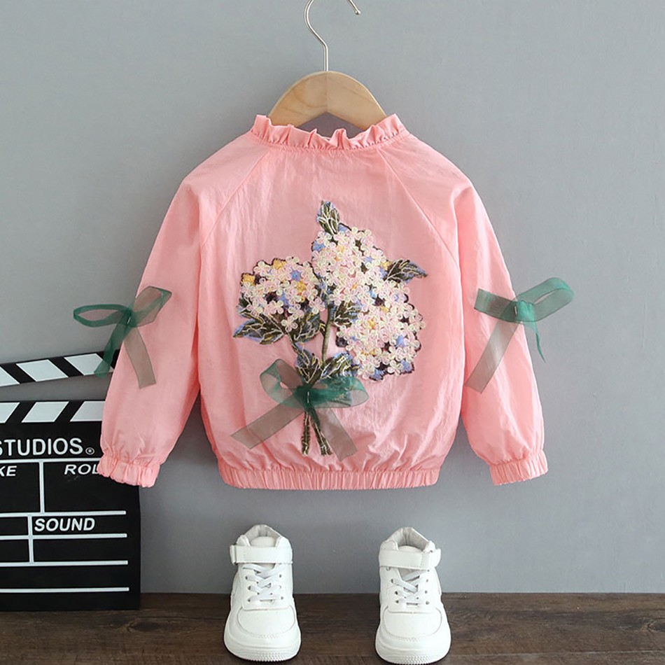 Girl Coat Spring Autumn Fashion Flower Bowknot Cartoon Floral Jacket Toddler Kids Children Sweet Coats Costume 2-12Y JYF