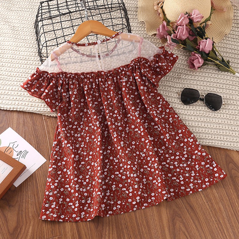 Summer Girls Floral Gauze Dress 2-6Y Toddlers Short Sleeve Casual Clothes Cotton Patchwork Kids Princess Dresses Party