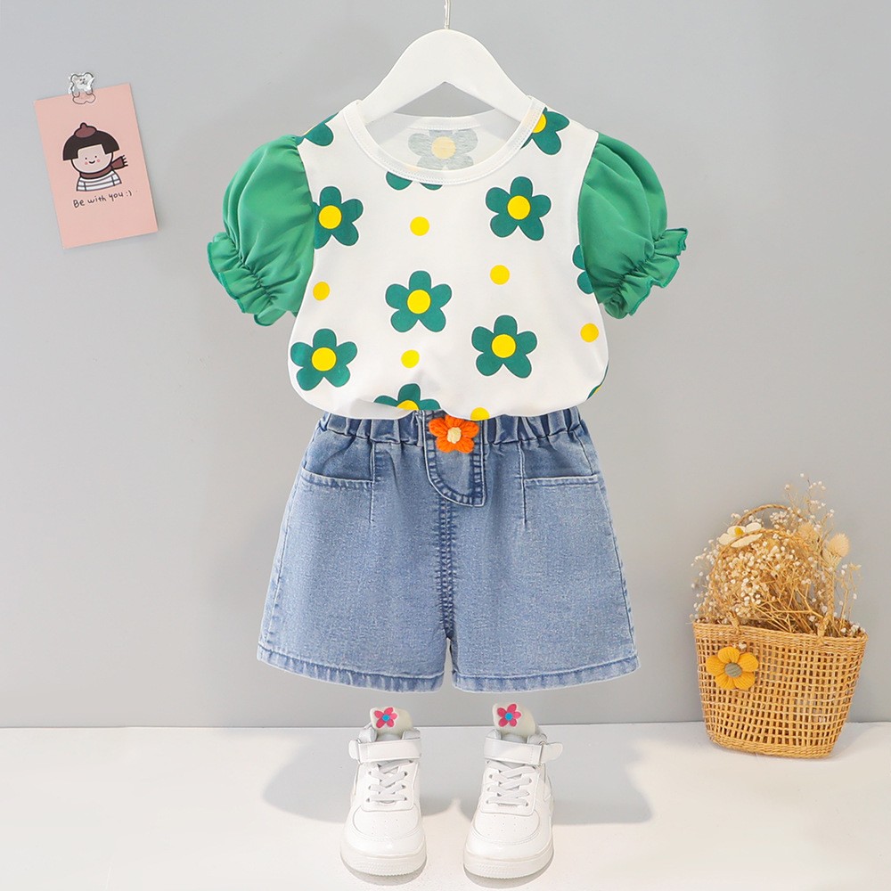 Girls suit 2022 new summer Korean style children's summer clothes baby girls small flower short-sleeved clothes two-piece suit