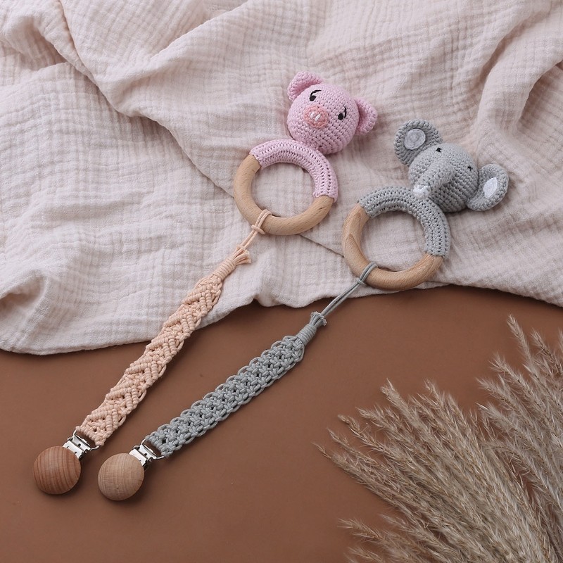 Baby Beech Wooden Teether Mobile Stroller Crib Ring DIY Crochet Rattle Bracelet Soother Infant Teething Chew Molar Toys