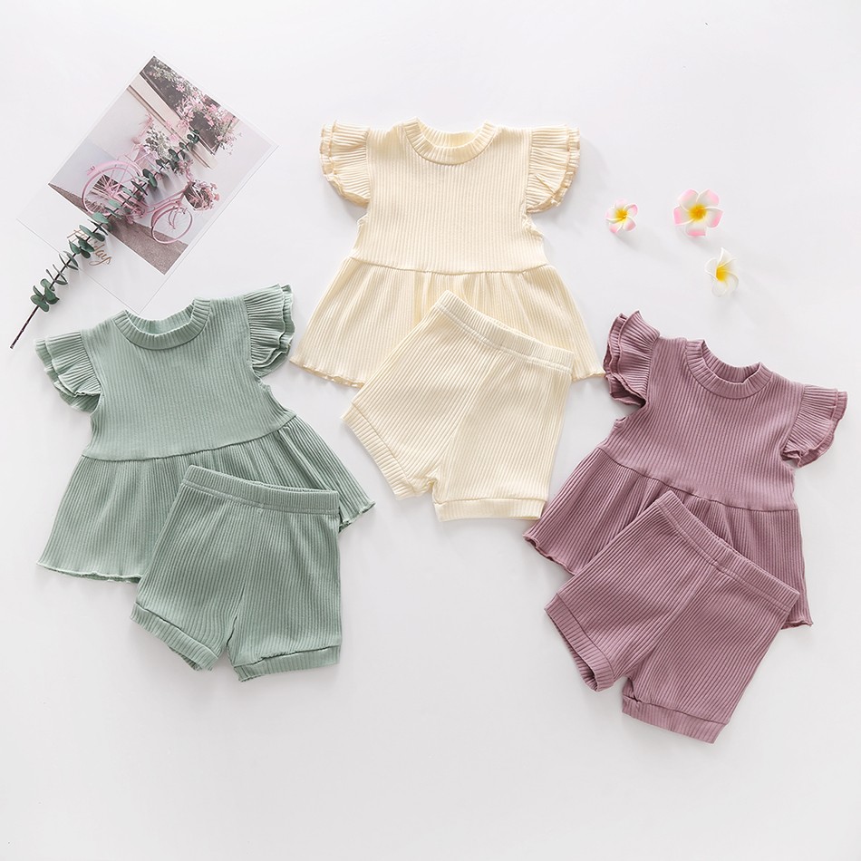 Muababi 1-5Years Children Girls Clothing Sets Summer Kids Girls Ruffles Sleeve Cotton Stripe T-shirt Tops+Shorts Casual Clothes