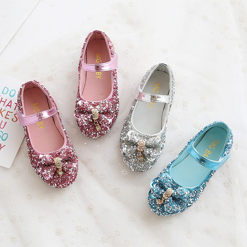 Fashion girls princess shoes bow sequins leather children shoes 2022 new spring wedding party dance round makeup mirror for kids