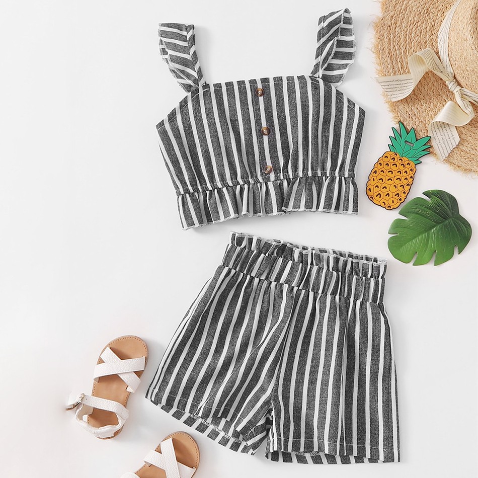 Baby Girl Clothes Set Summer Baby Cotton Striped Print Short Sleeve Suspenders T-shirt + Ruffle Short Pants 2pcs Kids Outfit