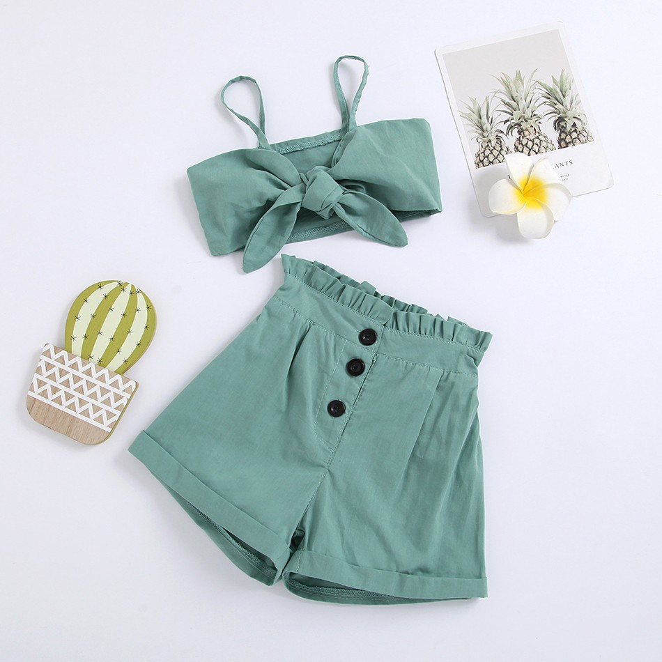 1-6y Infant Kids Baby Girls 2pcs Fashion Summer Clothes Set Bowknot Solid Crop Tops Vest Shorts Pants Outfits