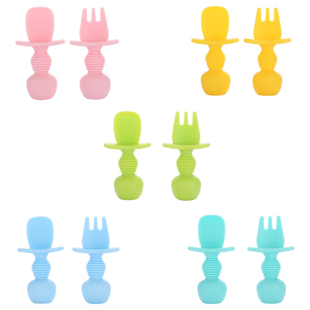 Food Grade Infant Small Silicone Cutlery Set Baby Soft Kitchen Joining Fork Spoon Kids Portable Soild Color Small Spoon