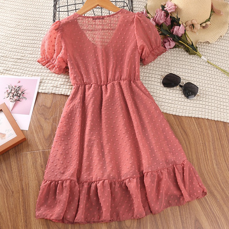 5-12 Years Girls Summer Spaghetti Strap Dress Short Sleeve V-Neck Fashion Kids Clothes Princess Robe Dresses