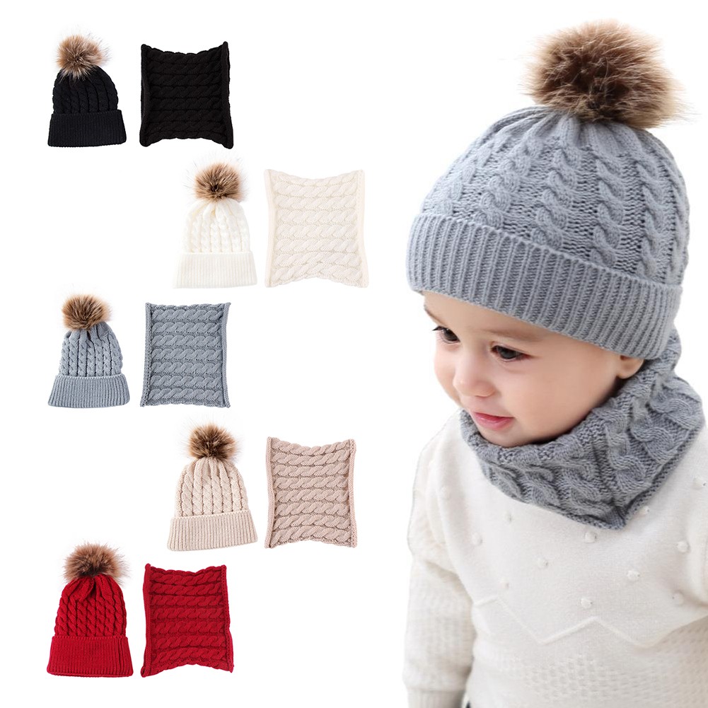 Girls Scarf and Hat Set Girls Pompon Hat Warm Winter Hat Knit Plain Color Raccoon Bones For Kids