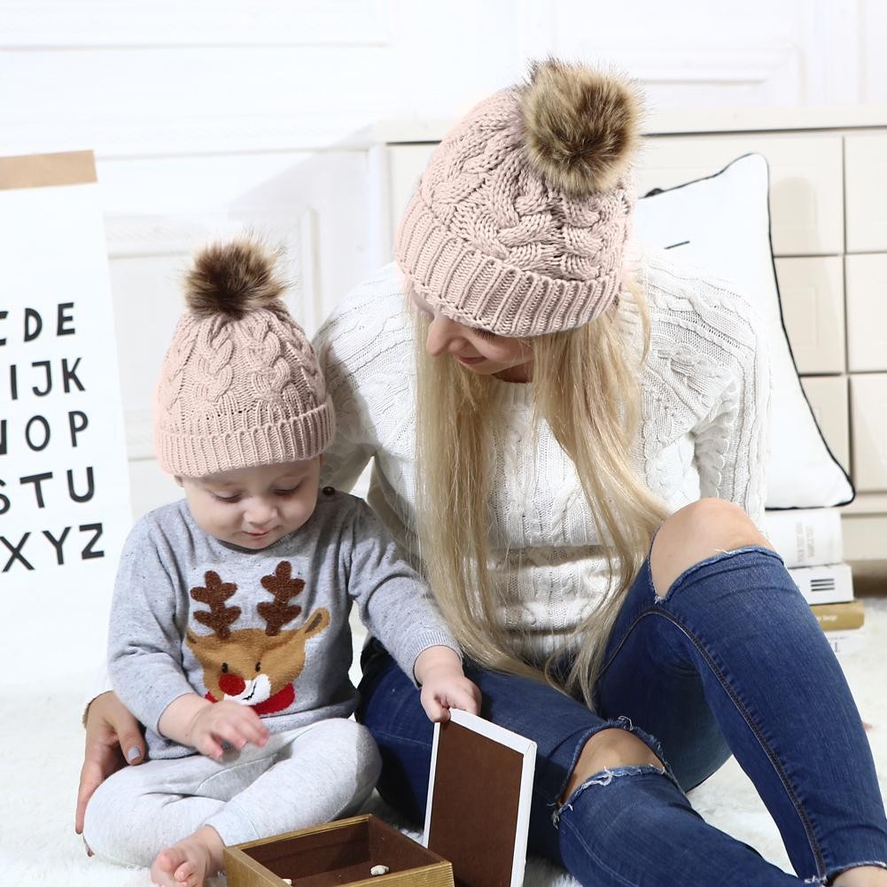 baby adult winter warm knit hat parent-child family matching hair hat kids solid color floppy hat for baby infant