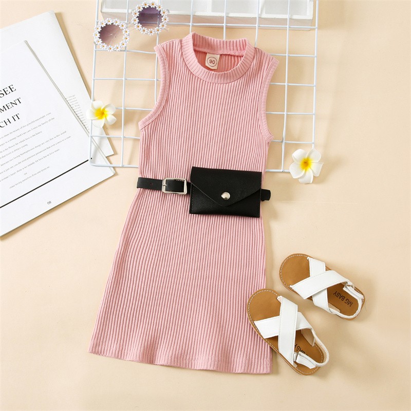 Girls Casual Dresses 2022 New Summer Kids Baby Solid Color Sleeveless Costumes Belt Bag Birthday Party Princess Vestidos