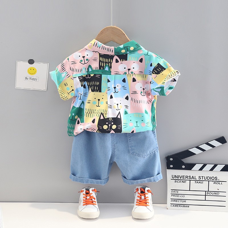 Baby Boy Boys Clothes Cotton Short Sleeve Animal Print Gentleman T-shirts Short Jeans Set Baby Outfits Boy's Clothing Suit