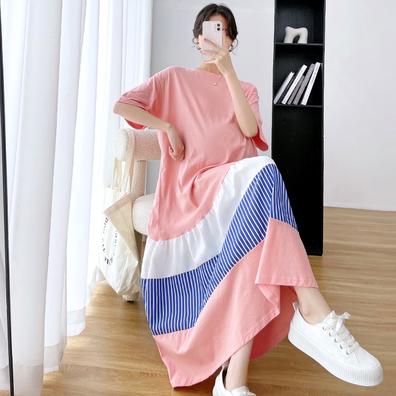 Summer Women Pregnancy Cloth Plus Size Loose Knitted Cotton Patchwork Maternity Long Dress Casual Striped Clothes for Pregnant Women