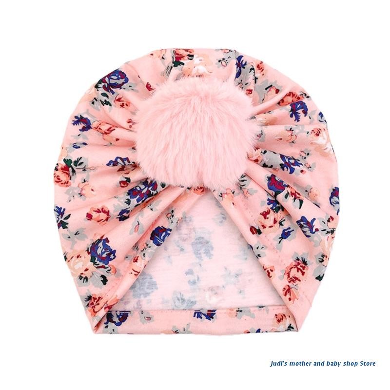 67JC Cute Faux Fur Ball Baby Kids Turban Hat Floral Print Infant Headdress