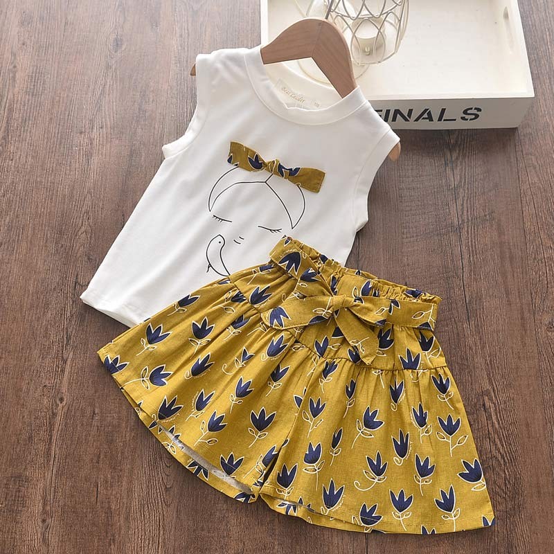 Girls clothes set 2022 new summer sleeveless T-shirt and print bow shorts for girl kids clothes children clothing 3 5 7 years