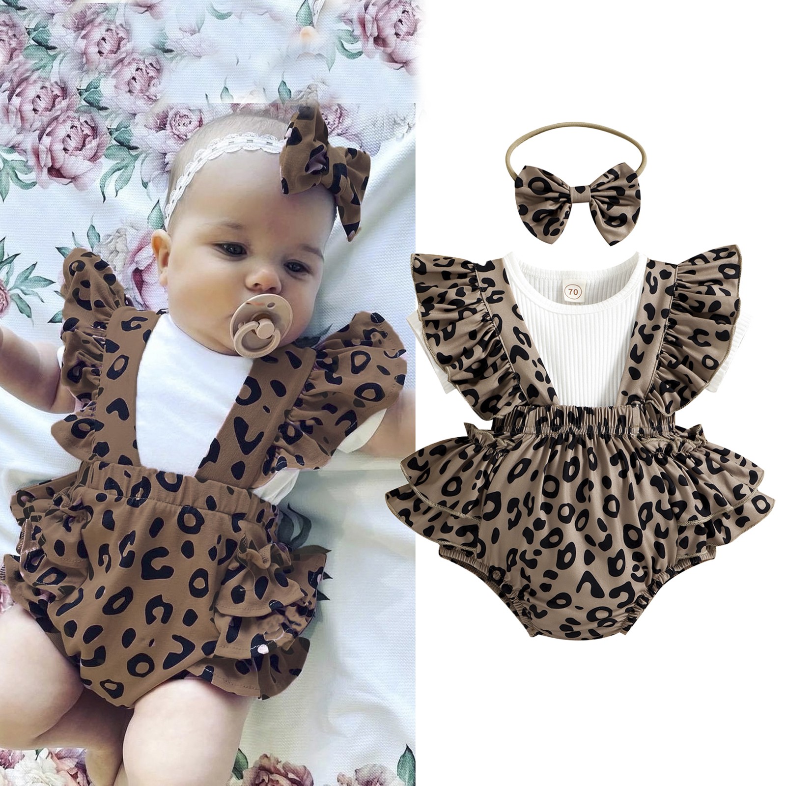 Ma&Baby 0-18M Newborn Infant Baby Girl Clothes Set Summer Knitted T-shirt Ruffle Leopard Shorts Overalls Outfits Costumes D01