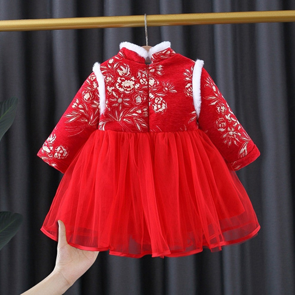 Warm New Year Wear Fleece Winter Girls Princess Dress Children Kids Baby Long Sleeve Velvet Mesh Chinese Qipao Dresses Vestido