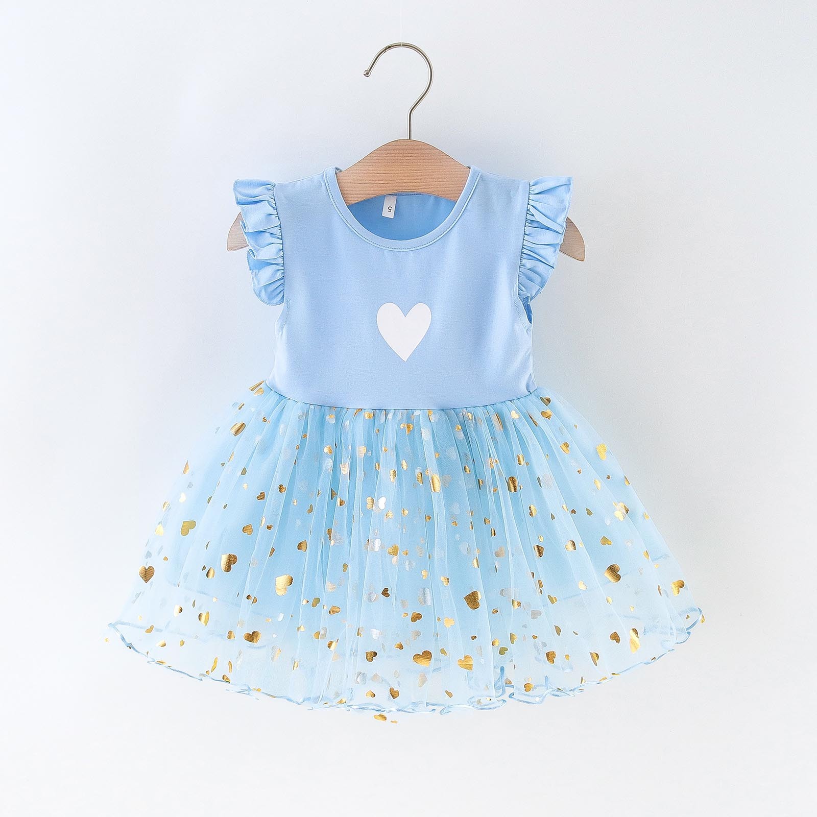 Summer Floral Ruffle Dress Toddler Baby Girls Floral Sleeve Heart Floral Print Dresses Sequins Tulle Princess Dress Party Dress