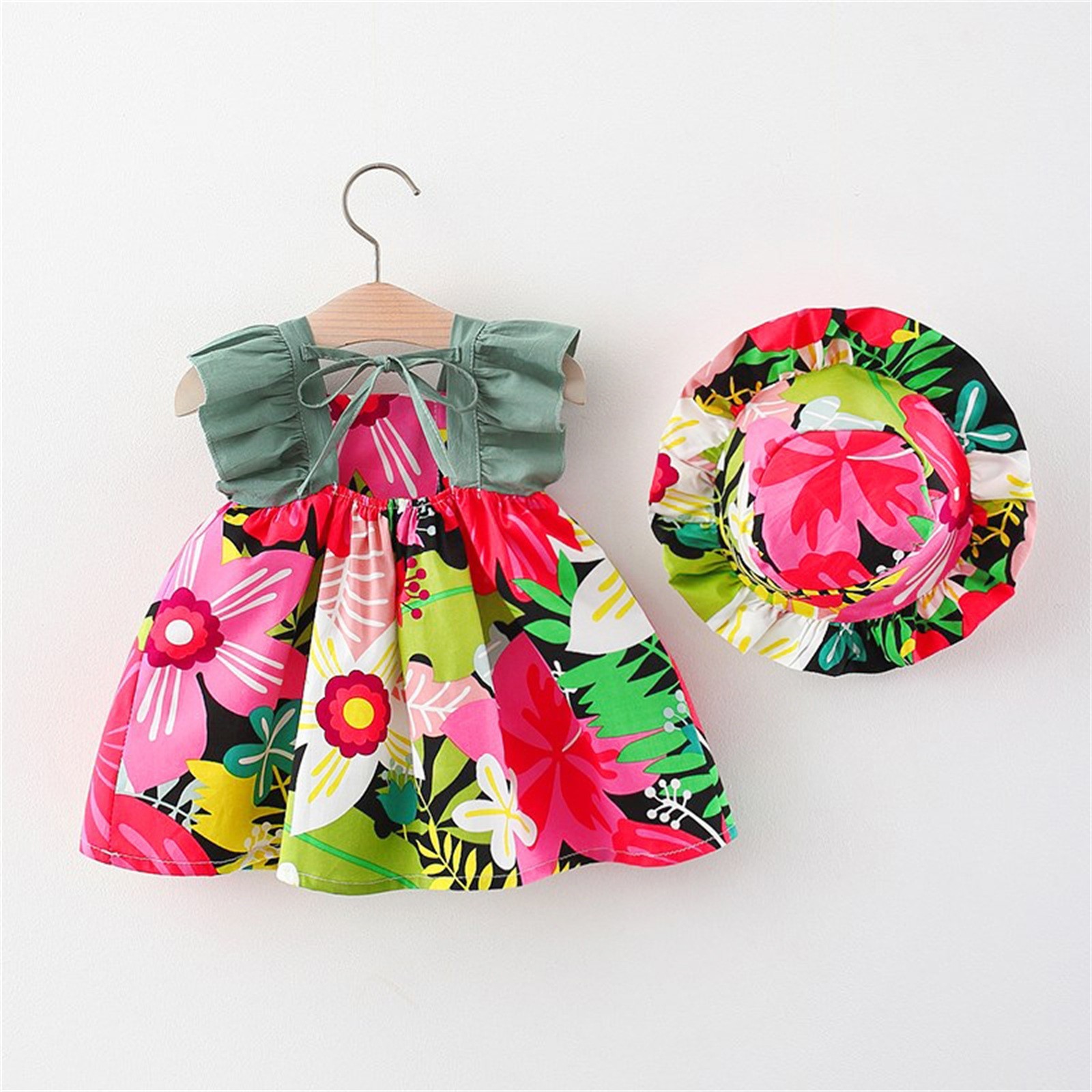 Summer Princess Dresses Baby Toddler Sleeveless Dress and Hat Set Holiday Party Dress Baby Girls Cute Ruffles Floral Dress