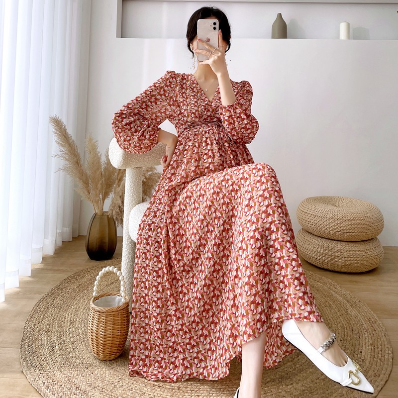 Spring Long Loose Pregnancy Floral Dresses Pregnant Women Clothes Loose Dress with Belt High Waist Maternity Chiffon Beach Dress