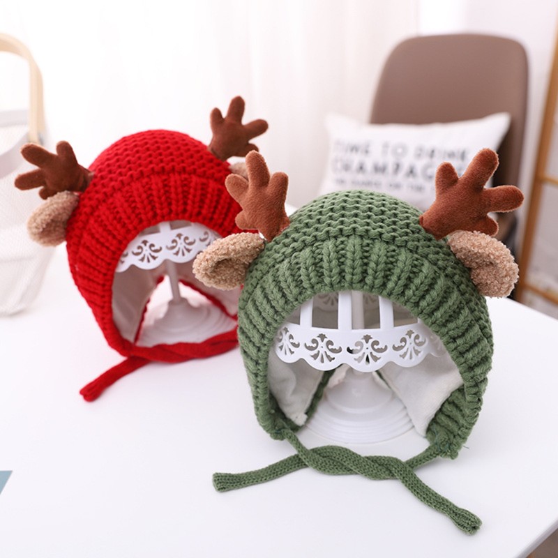 Cute Deer Elk Antlers Baby Hat Winter Warm Plush Knitted Ear Warmer Children Hat Bonnet Boys Girls Beanie Hat Christmas Hats