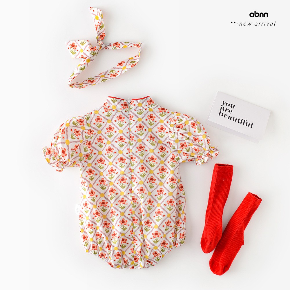 2022 Summer Retro Clothes for Newborn Baby Girls Cotton Floral Print Jumpsuit Infant Baby Clothes with Headband