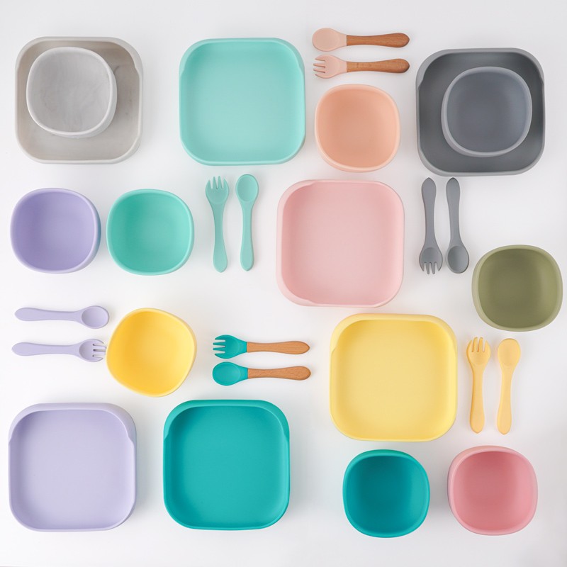 Macaron color square silicone dinner plate with suction bowl children complementary food tableware fork spoon baby supplies