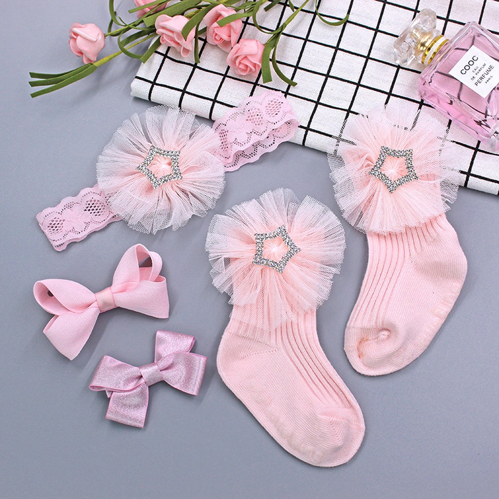 Baby Girl Lace Flower Headband Socks Set Cotton Baby Socks Newborn Socks Anti Slip Floor Socks Elastic Baby Hair Band