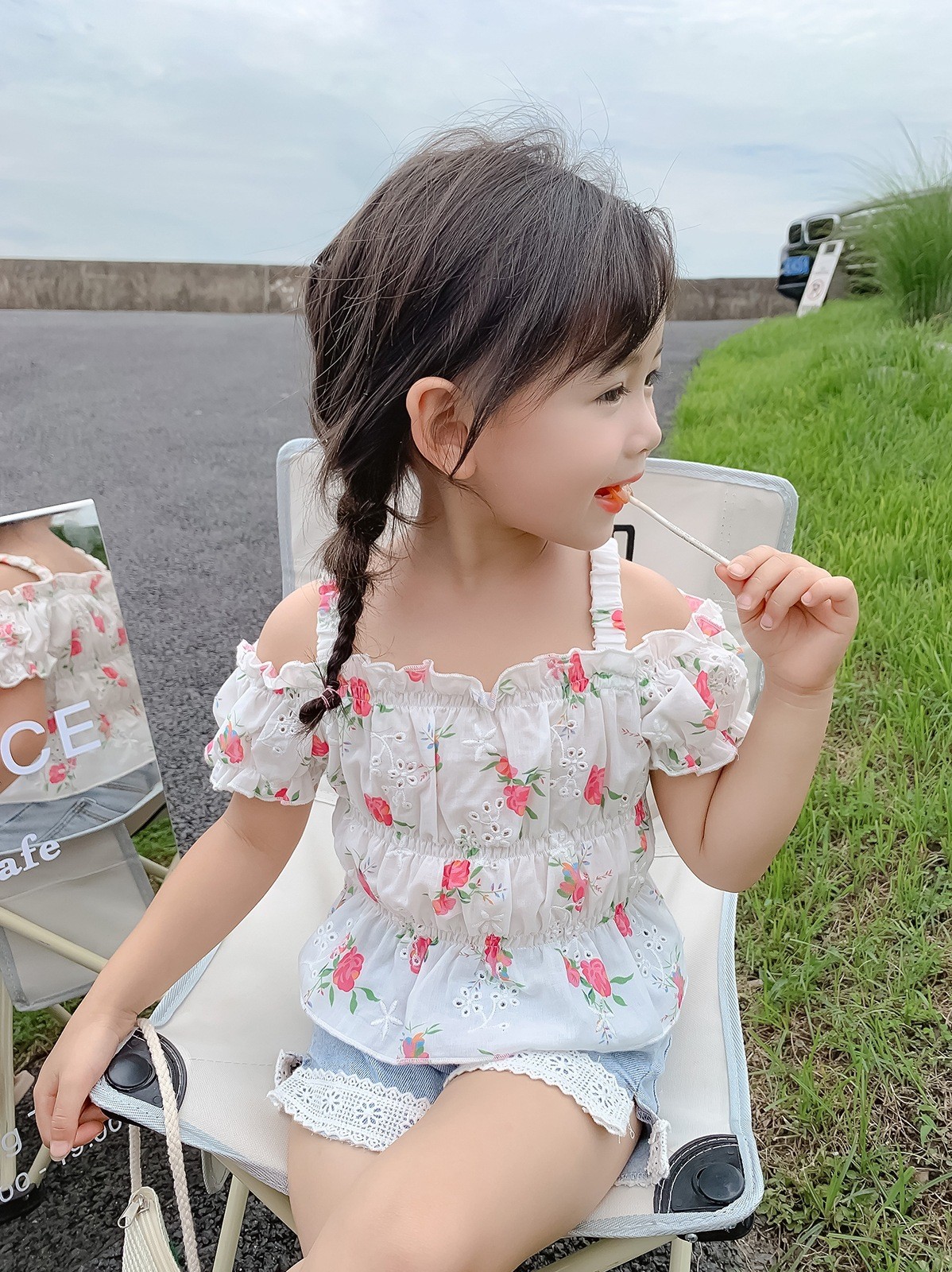 2pcs/set Kids Girl Clothes Sweet Little Flower Top Outer Clothes Lace Denim Shorts Fashion Causal Summer Princess Clothing Suit