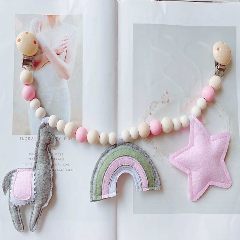 Baby Wooden Toy Stroller Clip Baby Mobile Stroller Plush Bead Pacifier Chain Chew Rattle Baby Wooden Teether Necklace Teething Bead