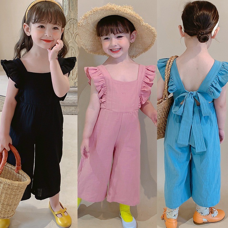 Summer Korean Cute Girls Jumpsuit Toddler Kids Open Back Sleeveless Clothes Wide Leg Pants