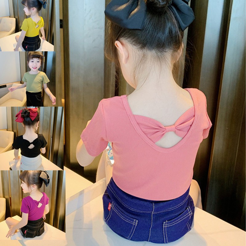 Girls T-shirt Kids Short Sleeve Back Bow-knot Baby Cotton Shirt Clothes 2022 Summer Chilren Hot Color Surface Tees