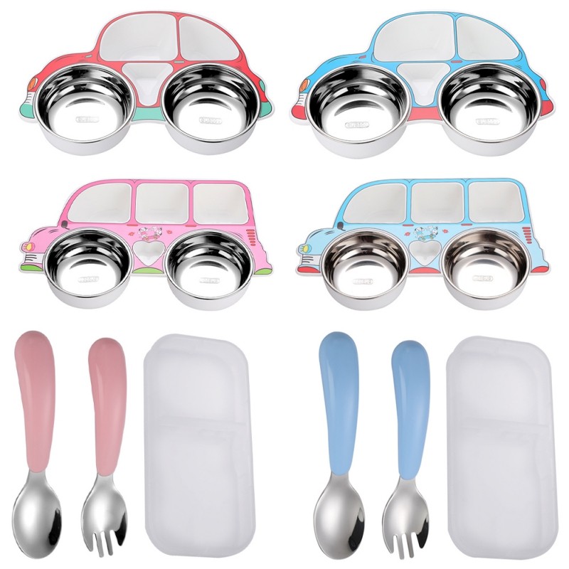 Children's Tableware Set Stainless Steel Dishes Baby Feeding Plate Spoon Fork Cute Cartoon Car Shape Bowl New Arrival