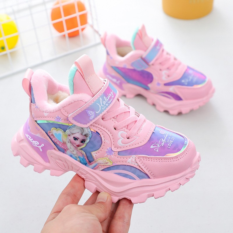 Disney girls' cotton sports shoes for children plus velvet warm Elsa princess students winter new children's running shoes